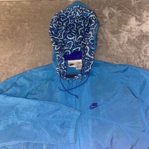 Nike Women Lightweight Hooded Windbreaker Jacket Blue Geometric Print Sz M